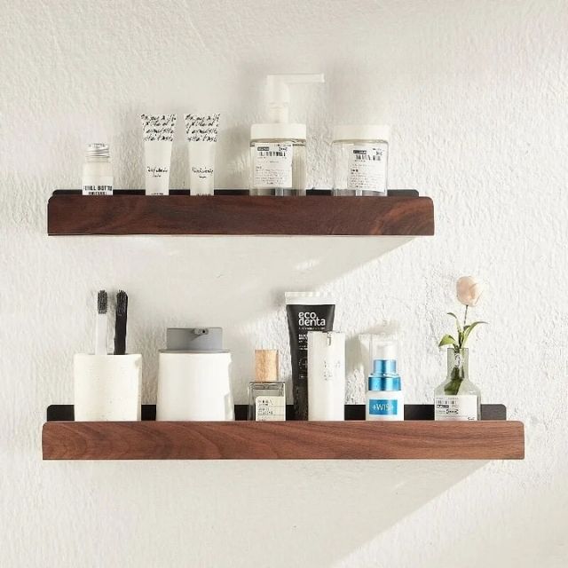 Solid Wood Bathroom Shelf Organizer - No Drill Installation