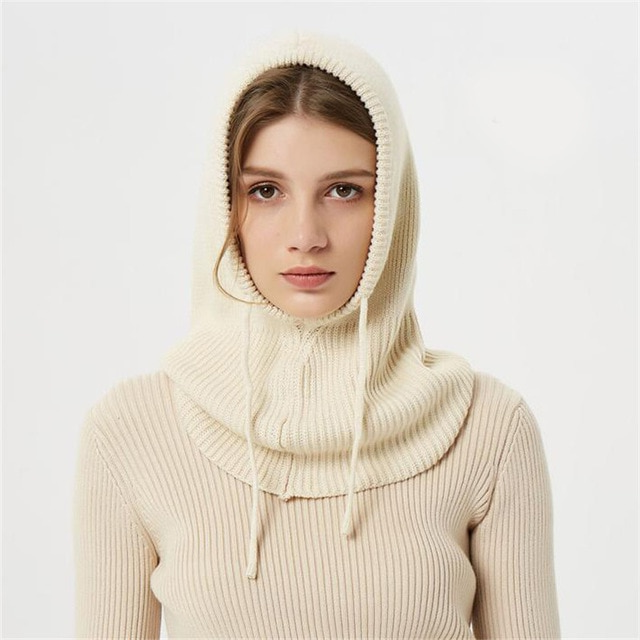 Hooded Cashmere Knit Winter Hat with Adjustable Drawstrings