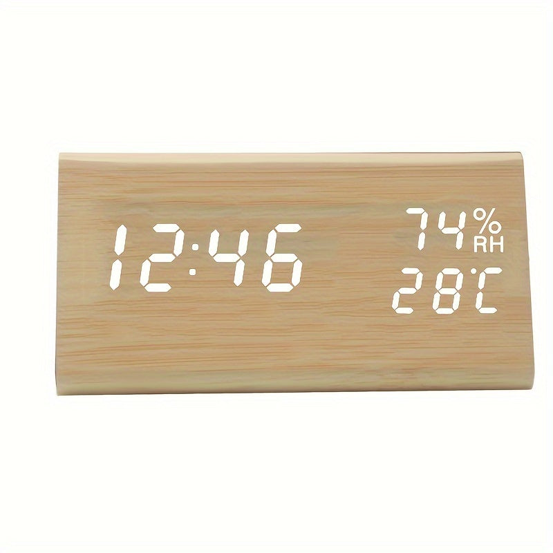 Modern Wooden LED Digital Alarm Clock with Temperature and Humidity Display