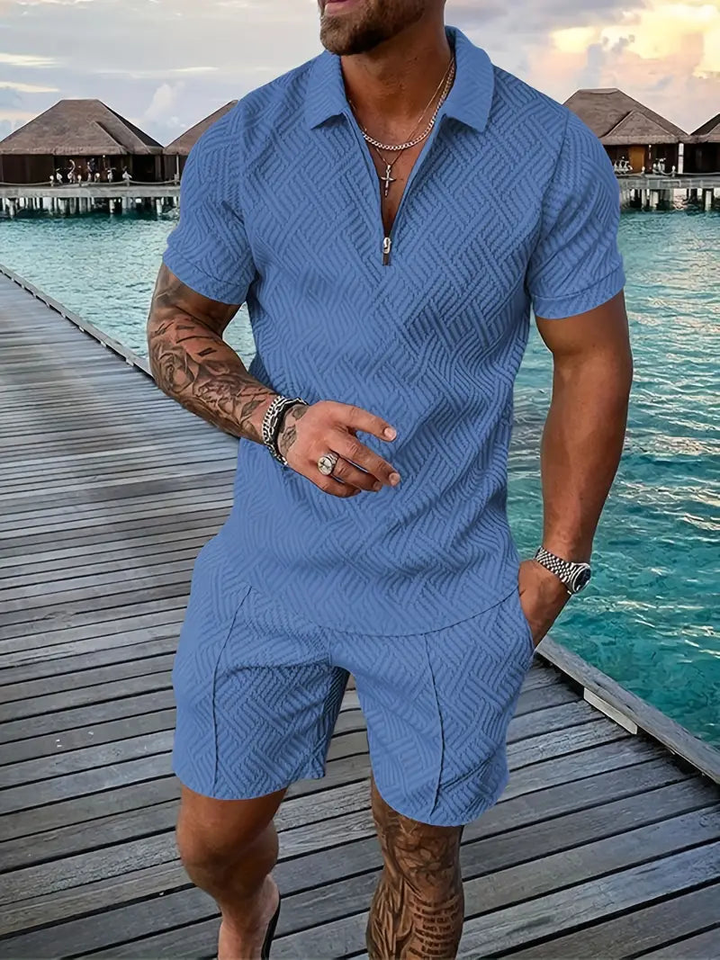 Geometric Pattern Men's Summer Polo and Shorts Set