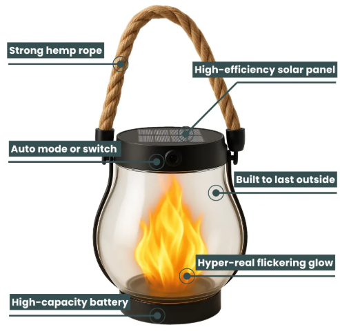 Solar Flame Light with Automatic Dusk Sensor and Waterproof Design