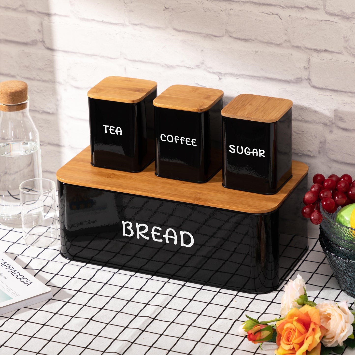 Bamboo Lid Bread Box Set with Tea, Coffee, Sugar Canisters