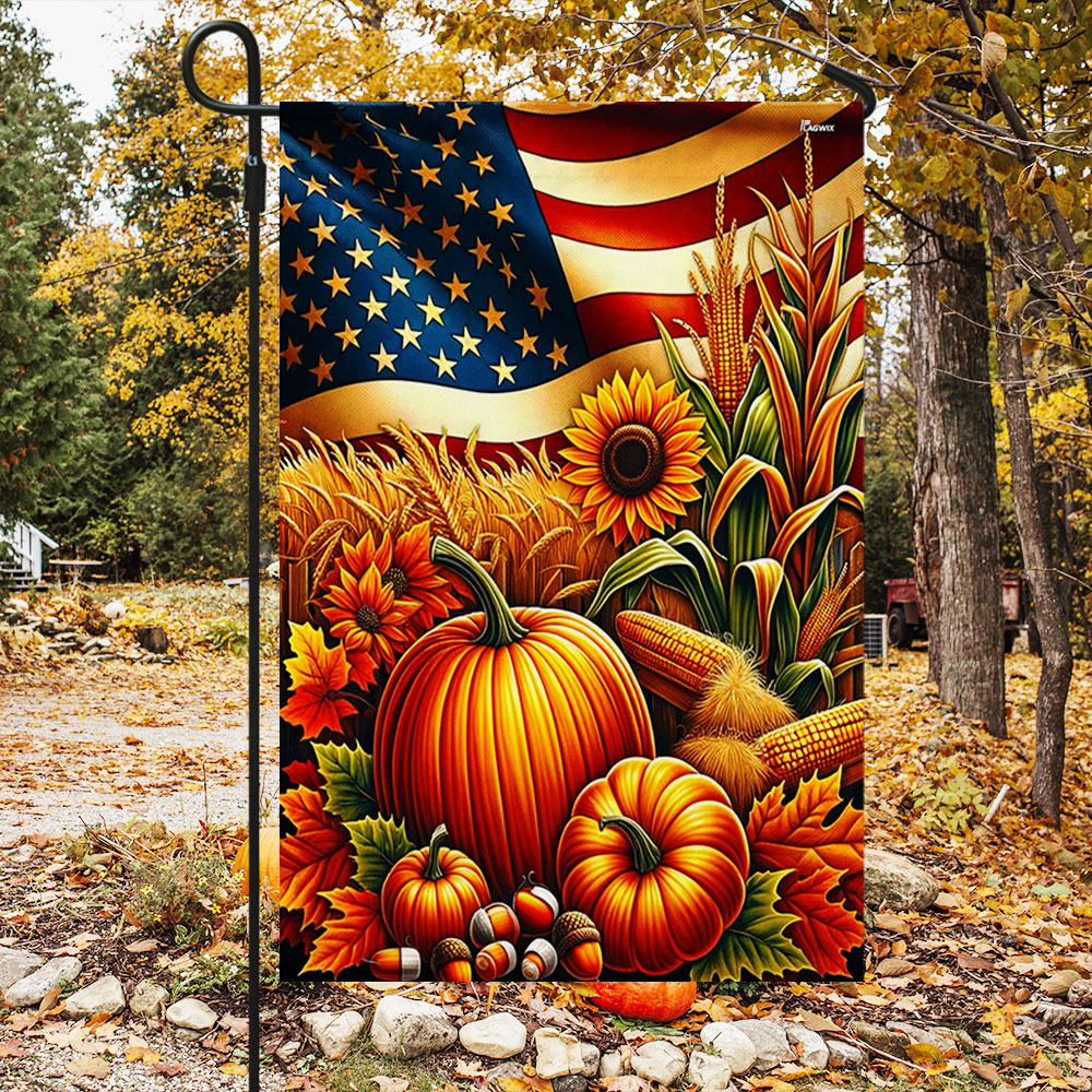 Double-Sided Fall Thanksgiving Pumpkin Flag with American Flag Design