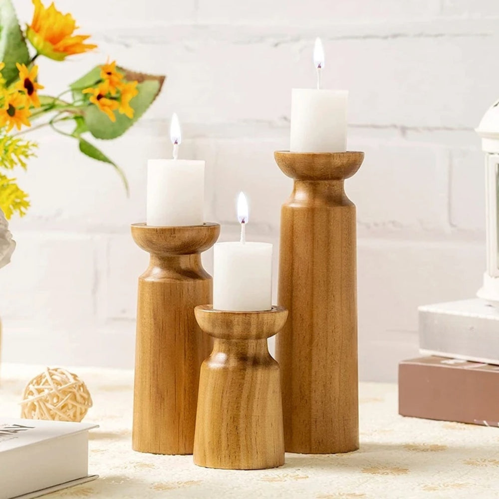 Heirloom Handcrafted Pine Wooden Candle Holders Set of 3
