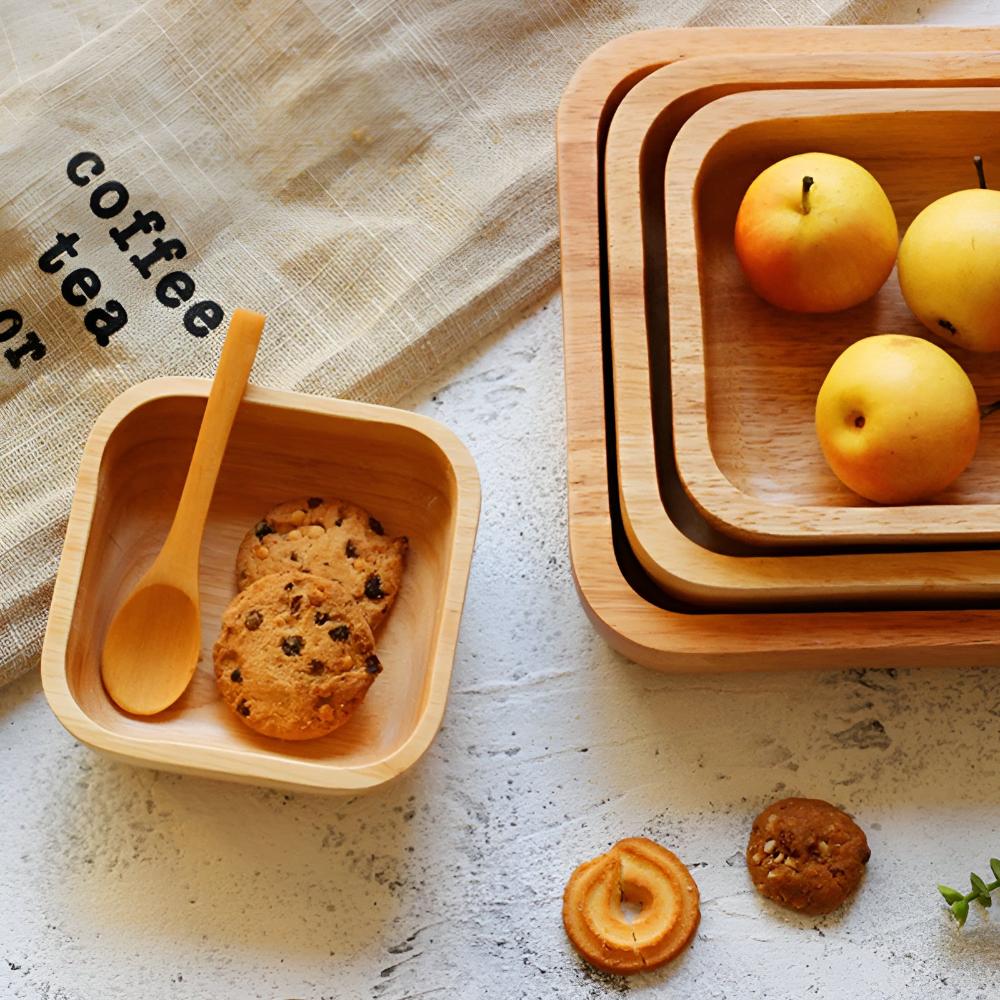 Natural Rubber Wood Square Serving Bowl