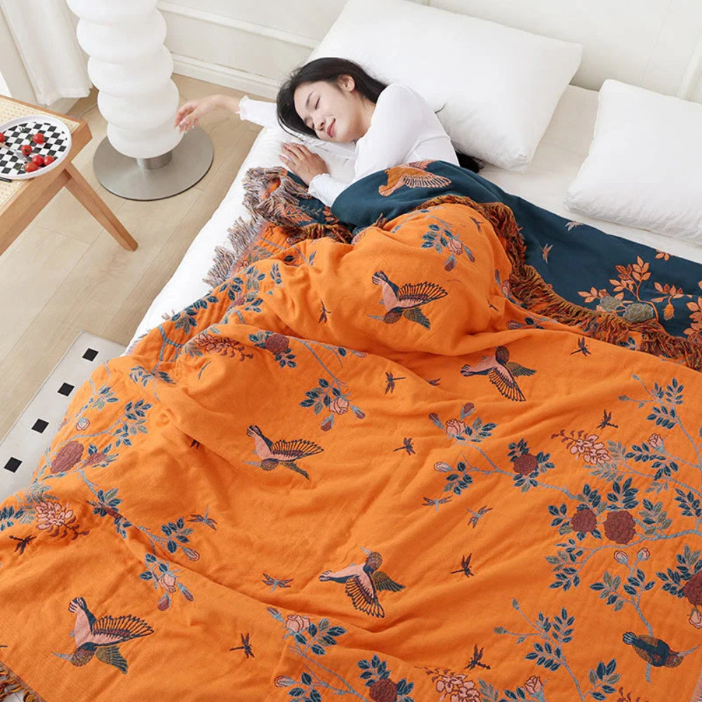 Ornate Jacquard Cotton Blanket with Tasseled Edges