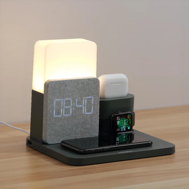 Multifunctional Wireless Charging Station with LED Lamp and Alarm Clock
