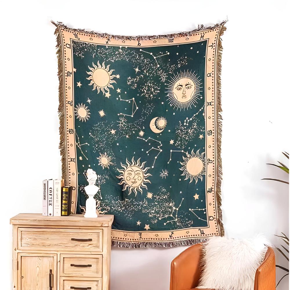 Reversible Sun Moon Stars Celestial Blanket with Tassels