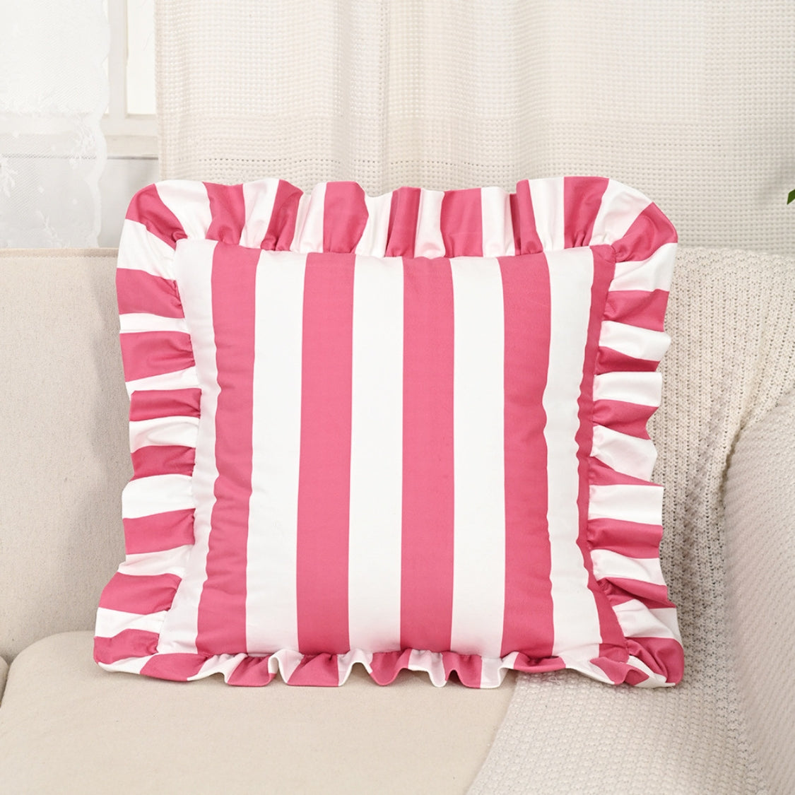 Striped Ruffle Cushion Cover in Soft Microfiber