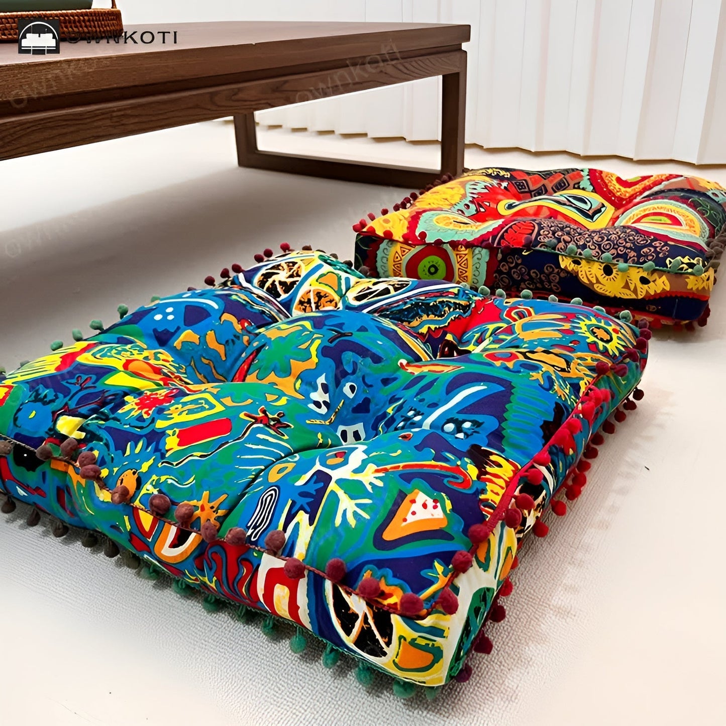Bohemian Square Floor Cushion with Pom-Pom Edges