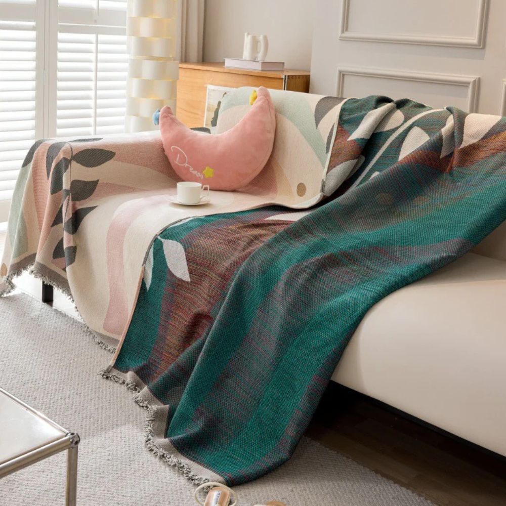 Reversible Chenille Sofa Cover with Fringe - Whispering Vines Design