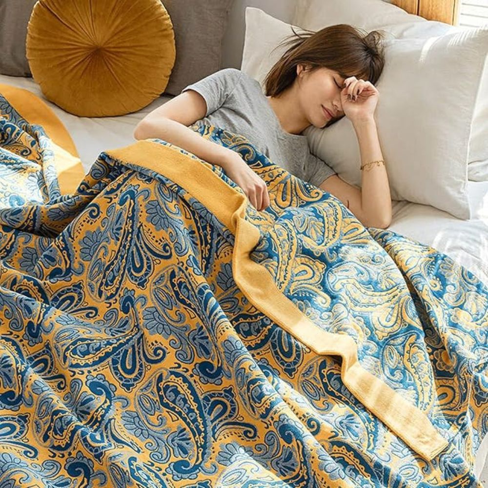Azure Golden Retro Cotton Throw Blanket