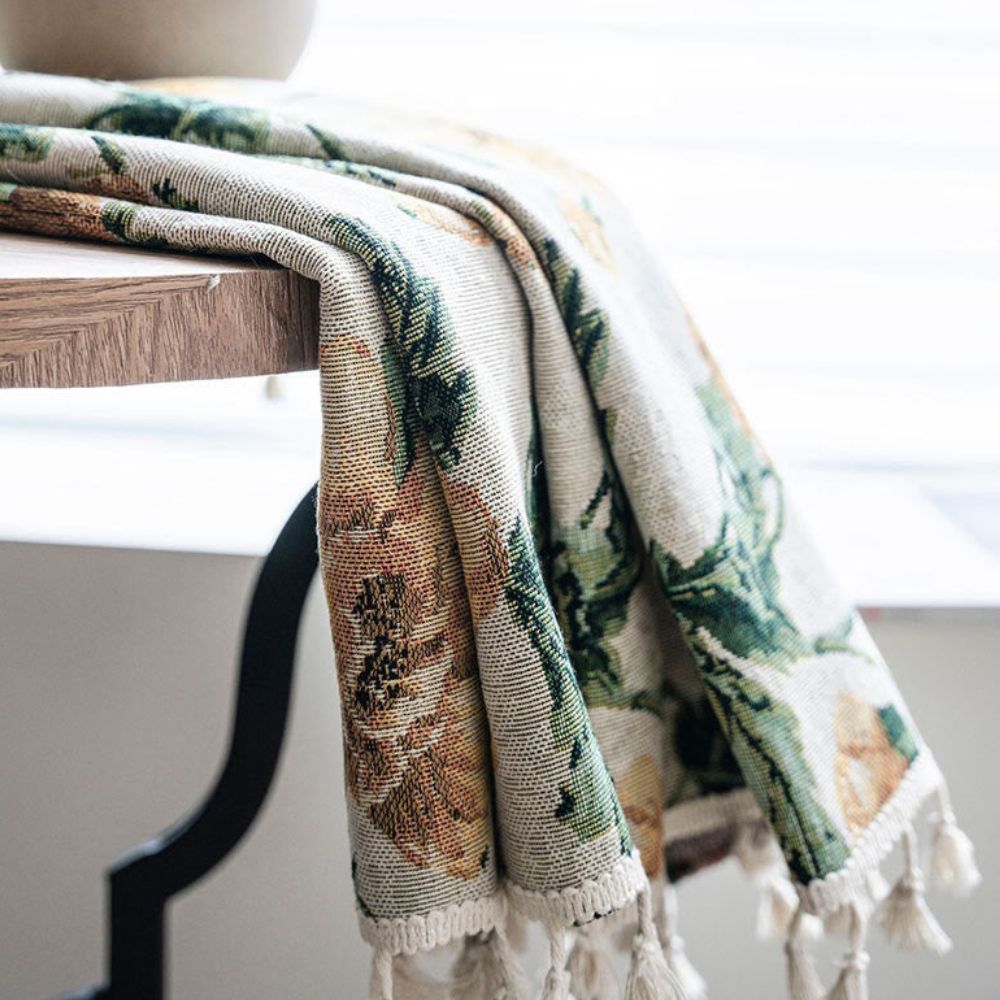 Beige Floral Light Filtering Curtain with Tassels