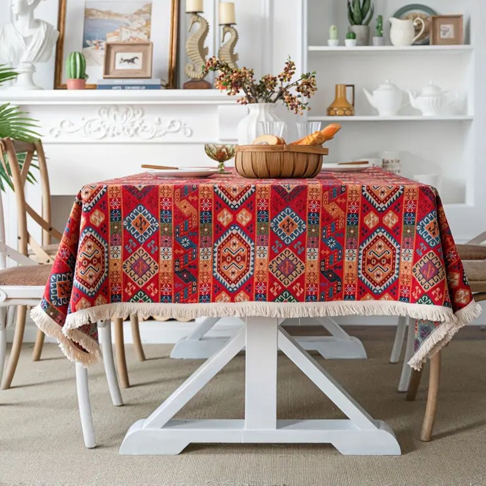 Bohemian Jacquard Tablecloth with Fringe Accents