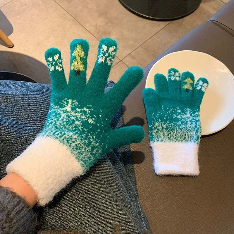 Fleece Lined Convertible Fingerless Gloves with Festive Design