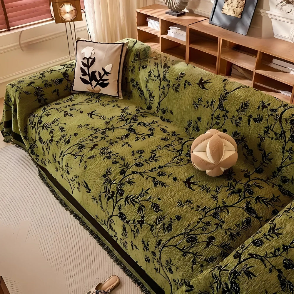 Elegant Floral Chenille Sofa Cover with Tassel Trim