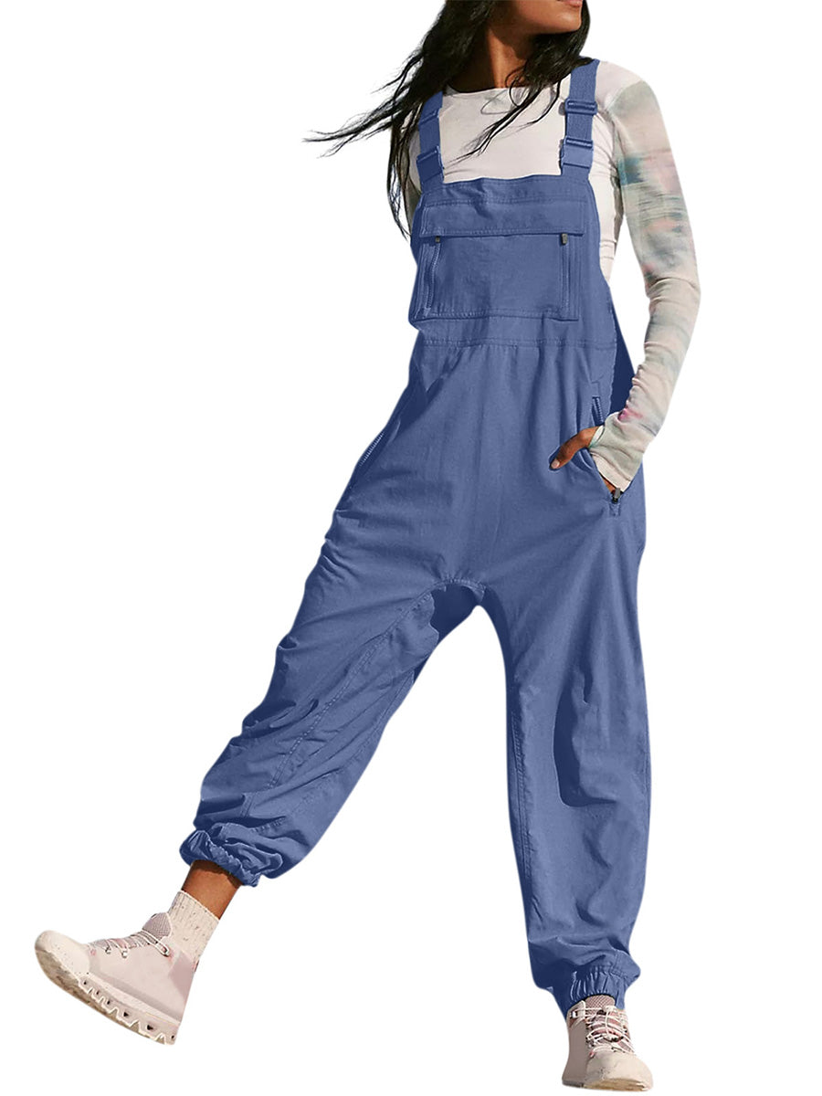 Loose Fit Women's Cargo Overalls with Zippered Pockets
