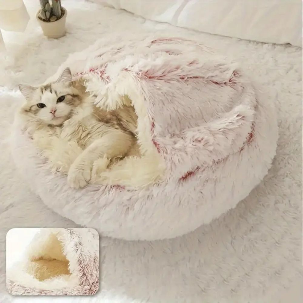 Hooded Faux Fur Pet Bed for Cats and Dogs