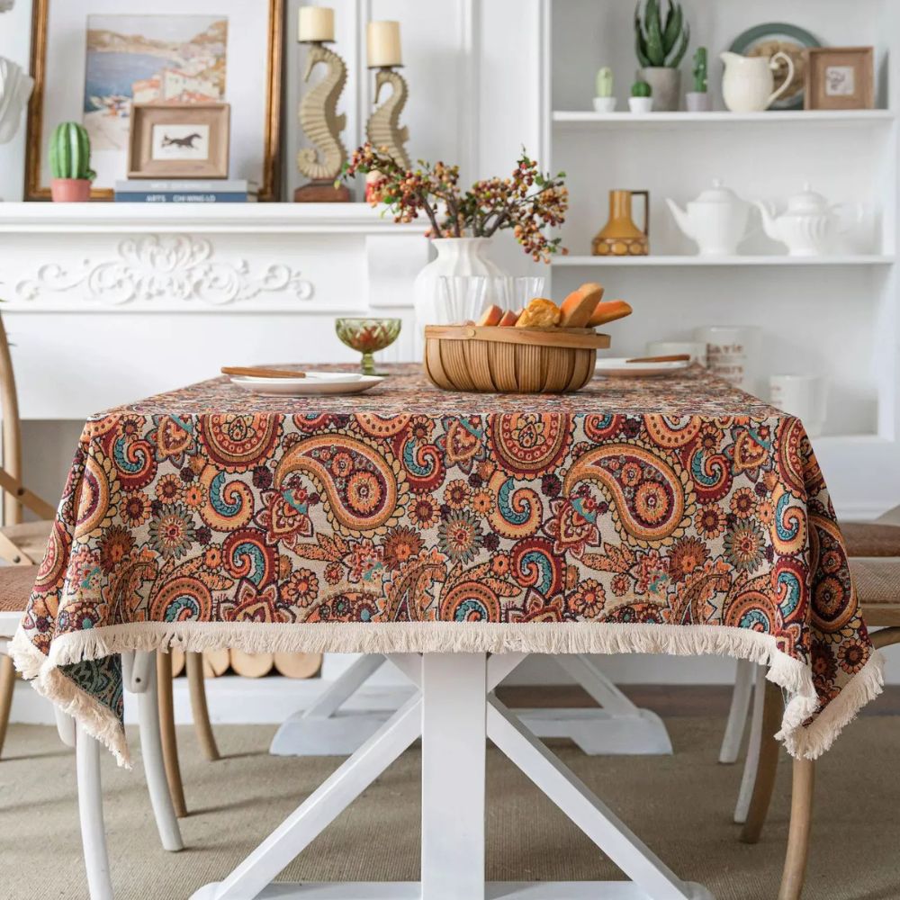 Amber Paisley Fringed Tablecloth