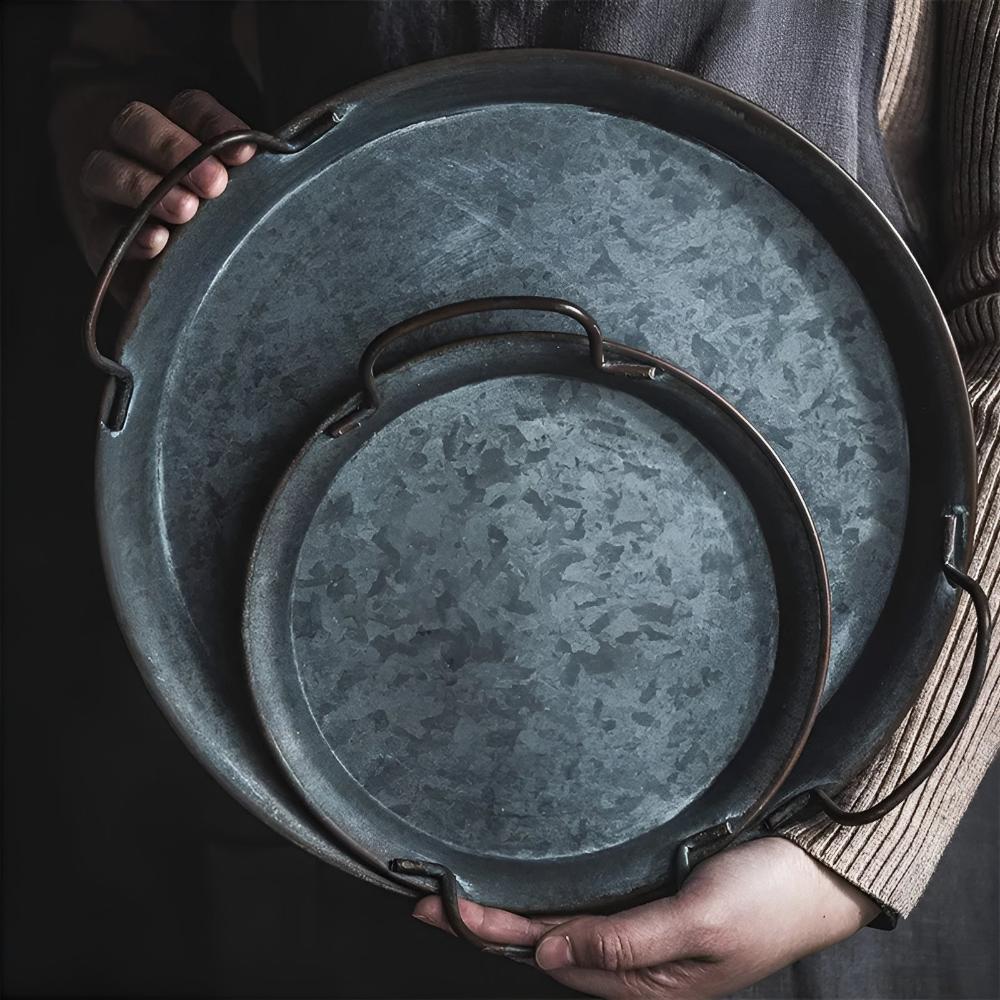 Retro Round Distressed Iron Serving Trays