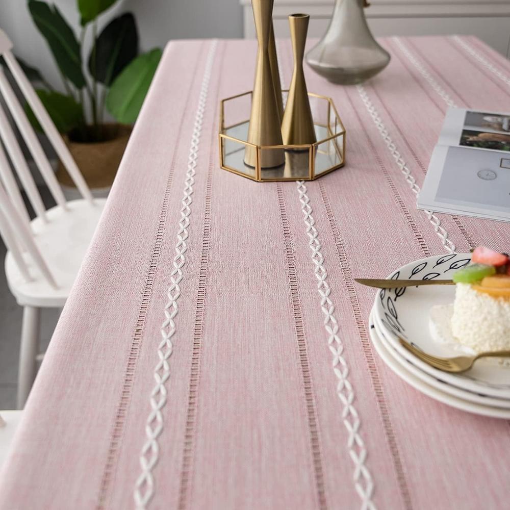 Elegant Striped Cotton Linen Tablecloth with Embroidery and Tassel Lace