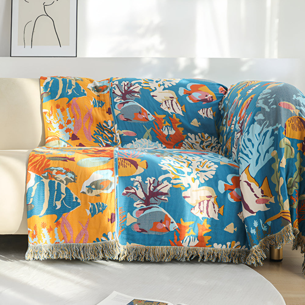 Underwater Coral Cotton Blanket with Colorful Fish Design