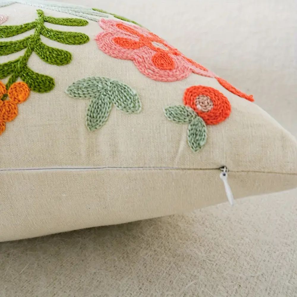 Embroidered Floral Microfiber Cushion Cover