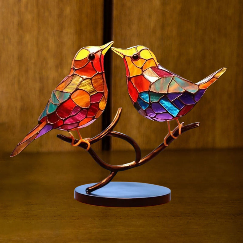 Colorful Glass Bird Ornaments on Branch