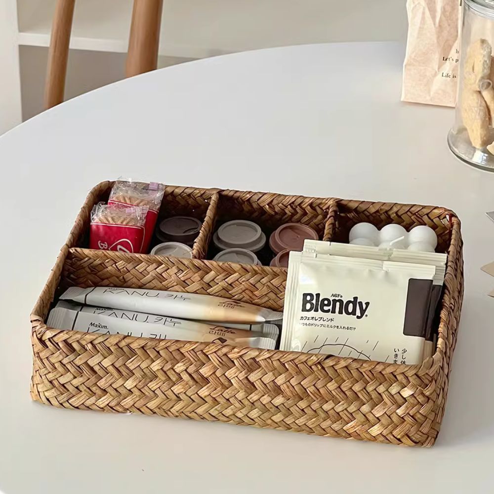 Handwoven Rattan Storage Organizer with Multiple Compartments