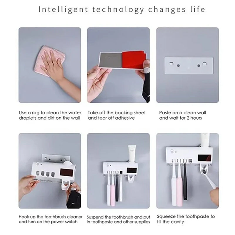 Smart UV Light Toothbrush Holder with Wall-Mounted Toothpaste Dispenser