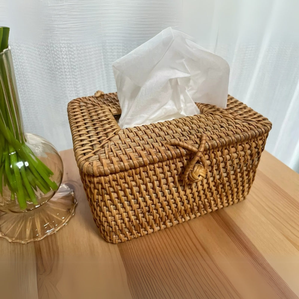 Handwoven Rattan Tissue Box with Loop Closure