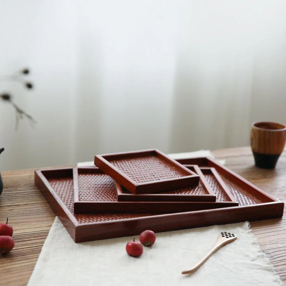 Rattan-Inspired Wooden Tea Tray Set