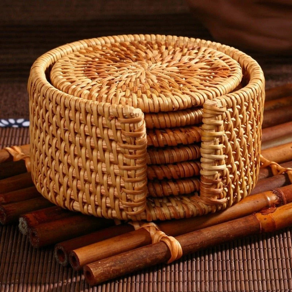 Handmade Rattan Coaster Set - Rustic 3-Inch Drink Protectors