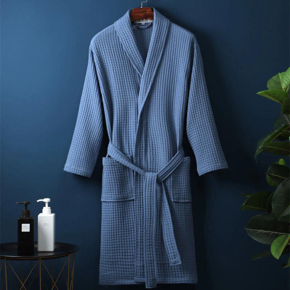 Waffle V-neck Cotton Bathrobe with Pockets