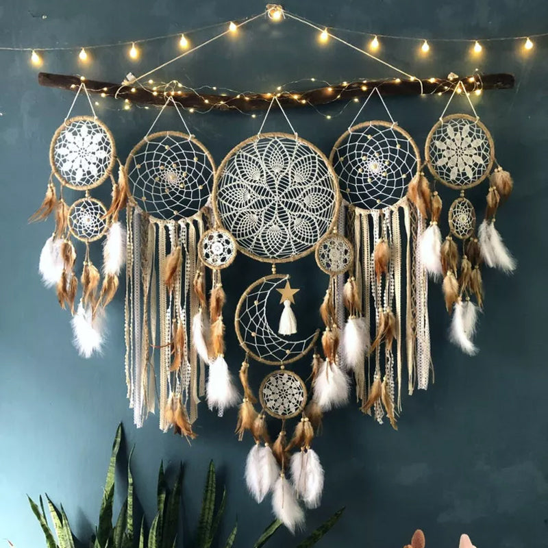 Moon and Stars Dream Catcher Set with Photo Clip String - 5 Piece Boho Decor