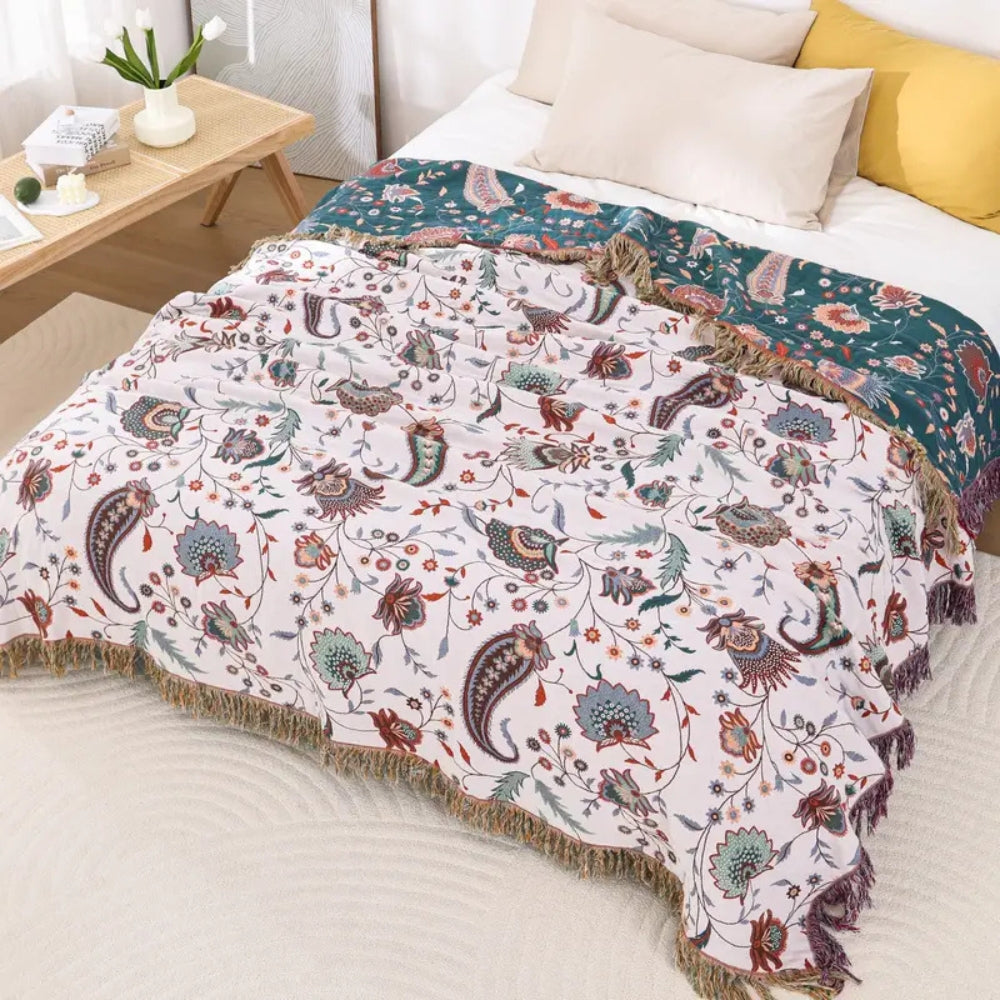 Reversible Floral Cotton Blanket with Tassels