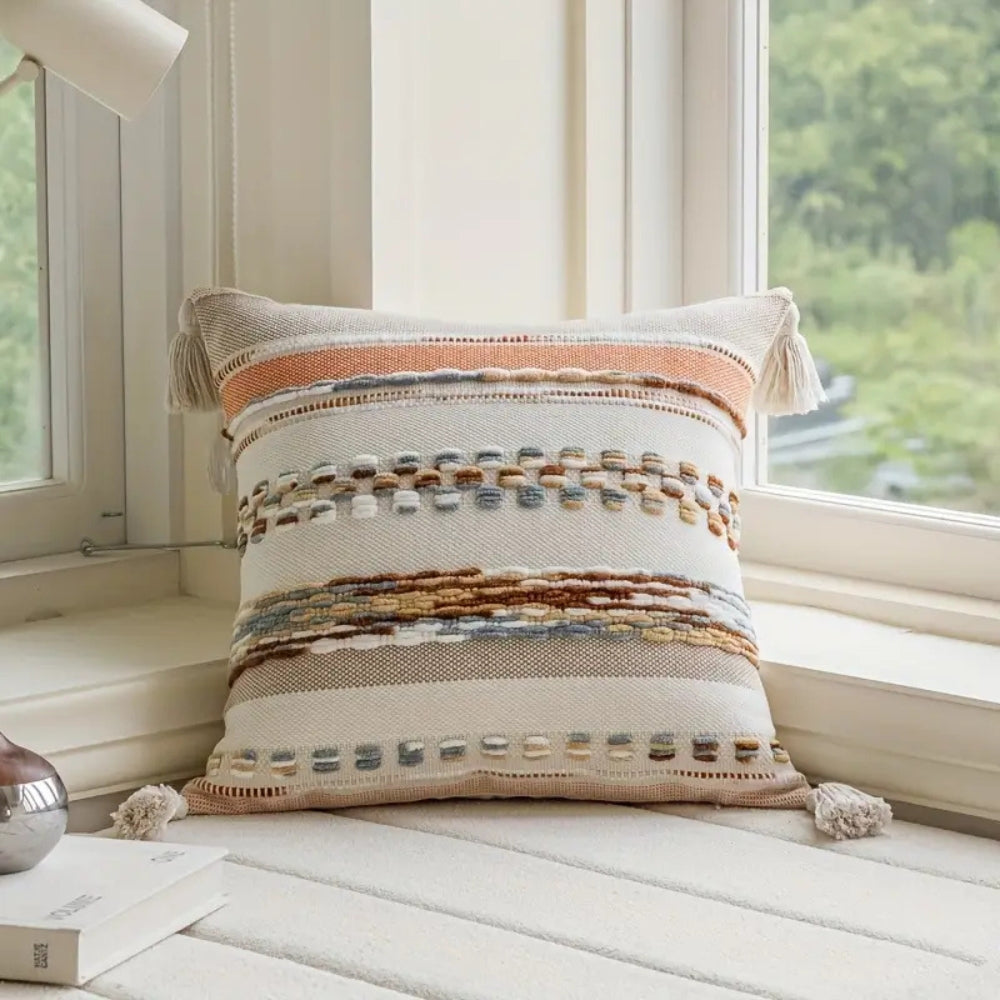Double-Sided Boho Stripe Cushion Cover with Tassels