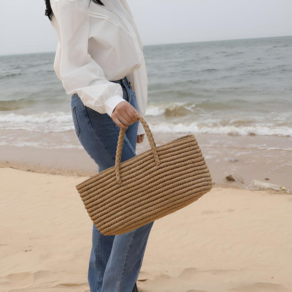 Natural Woven Straw Tote Bag with Drawstring Closure