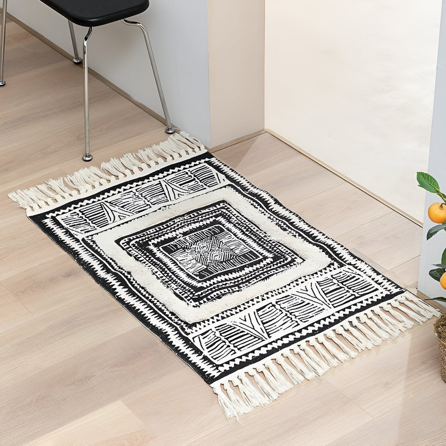 Boho Black and White Geometric Tassel Floor Mat