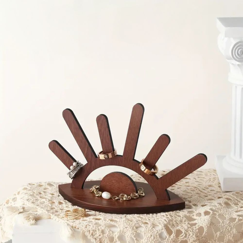 Stylish Wooden Jewelry Rack with Six Ring Columns