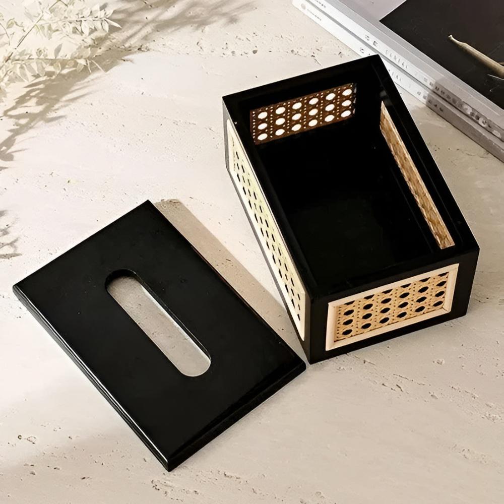 Japandi Minimalist Rattan Tissue Box with Wooden Lid