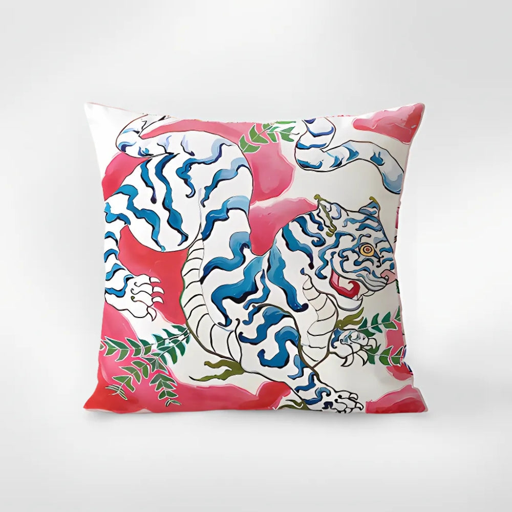 Zebra Print Tapestry Cushion Cover with Botanical Accents