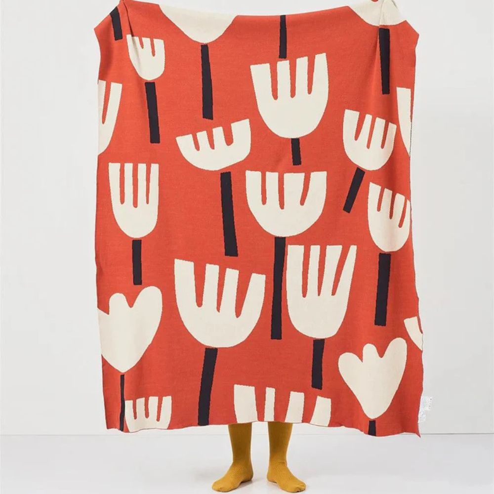Spring Tulip Floral Cotton Knitted Throw Blanket