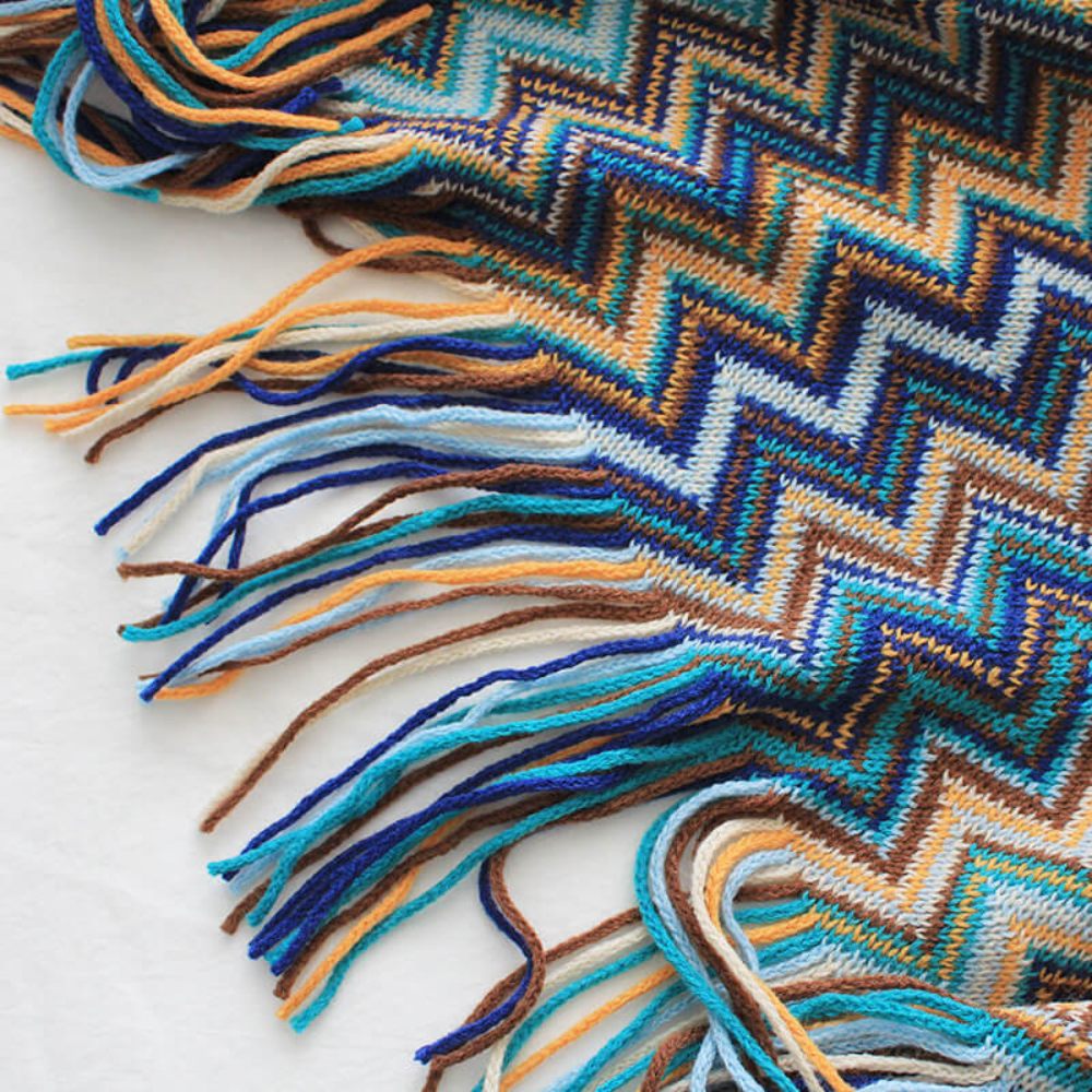 Multicolor Boho Zigzag Knit Throw Blanket with Tassels