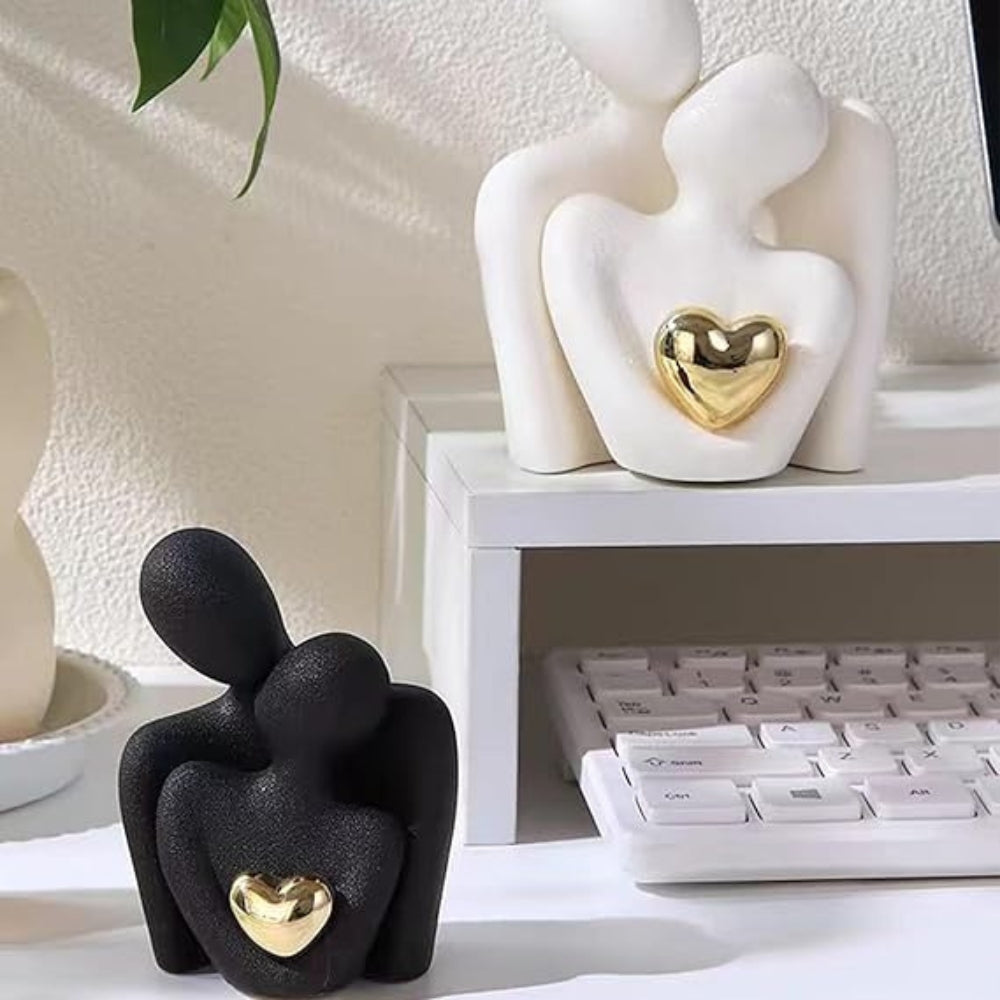 Abstract Lovers Figurine with Golden Heart - Modern Resin Sculpture