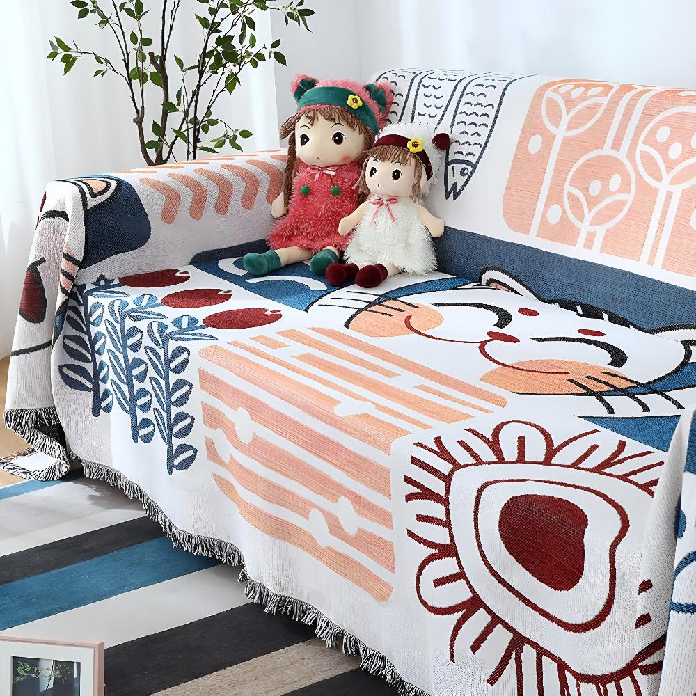 Cotton Linen Tassel Sofa Cover with Jacquard Design