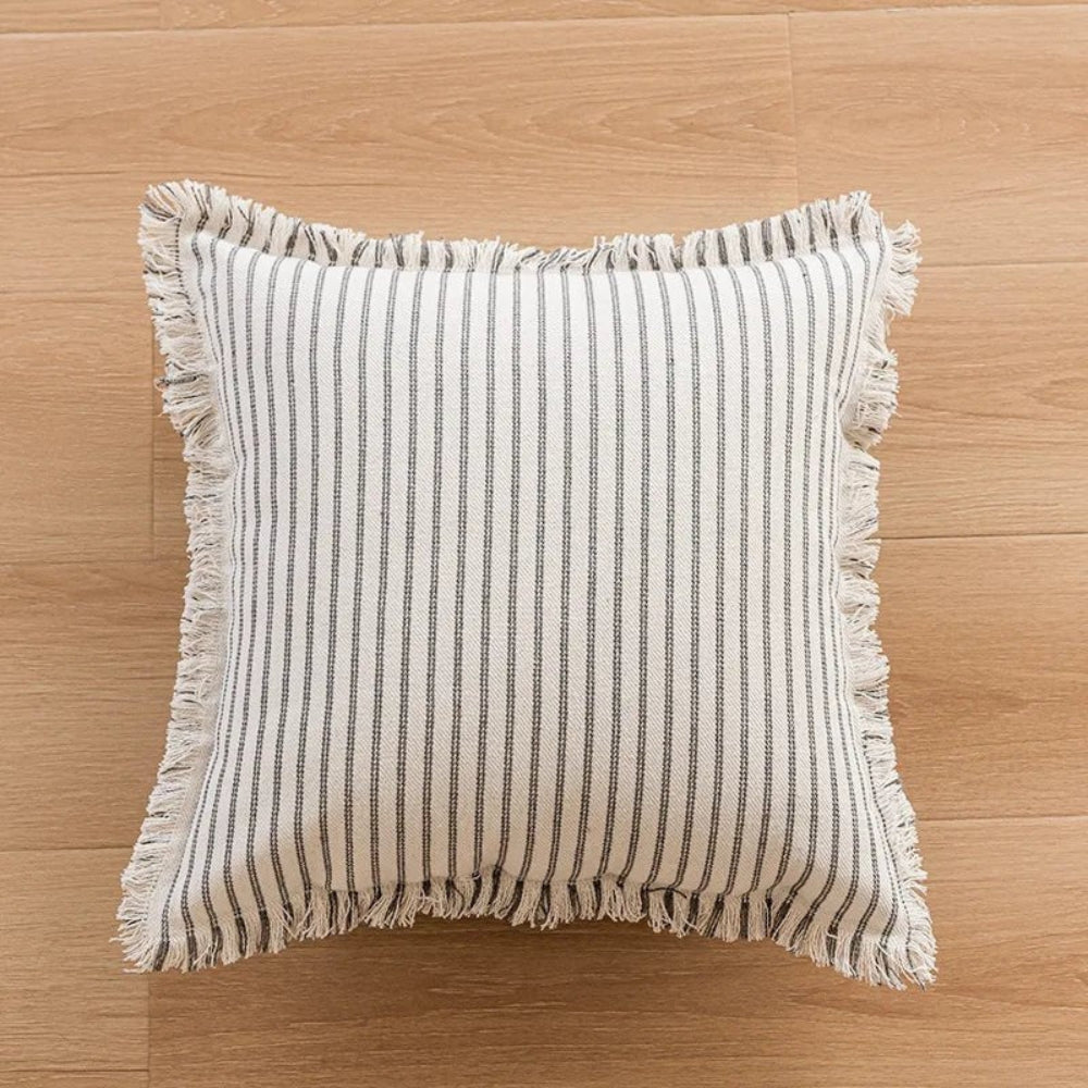 Striped Cotton-Linen Cushion Cover with Fringe
