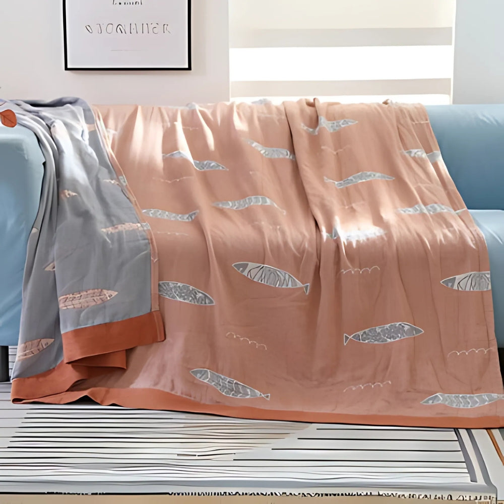 Reversible Golden Fish Cotton Gauze Blanket