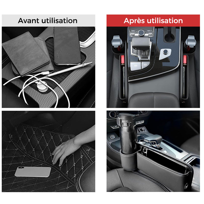 Car Seat Organizer with Charging Port - Black Leather Storage Box