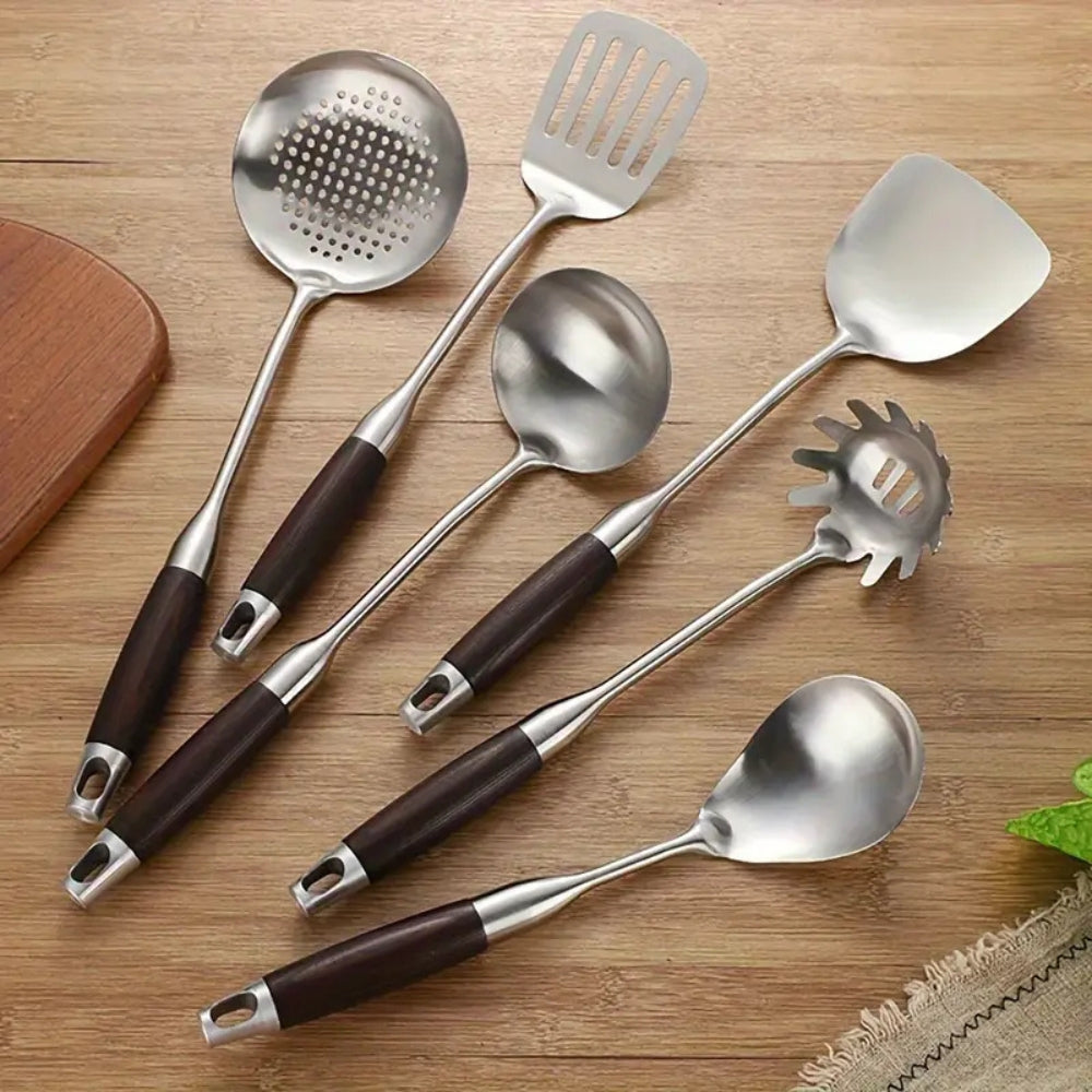 Stainless Steel Wooden Utensil Set with Ergonomic Handles - 6 Pieces